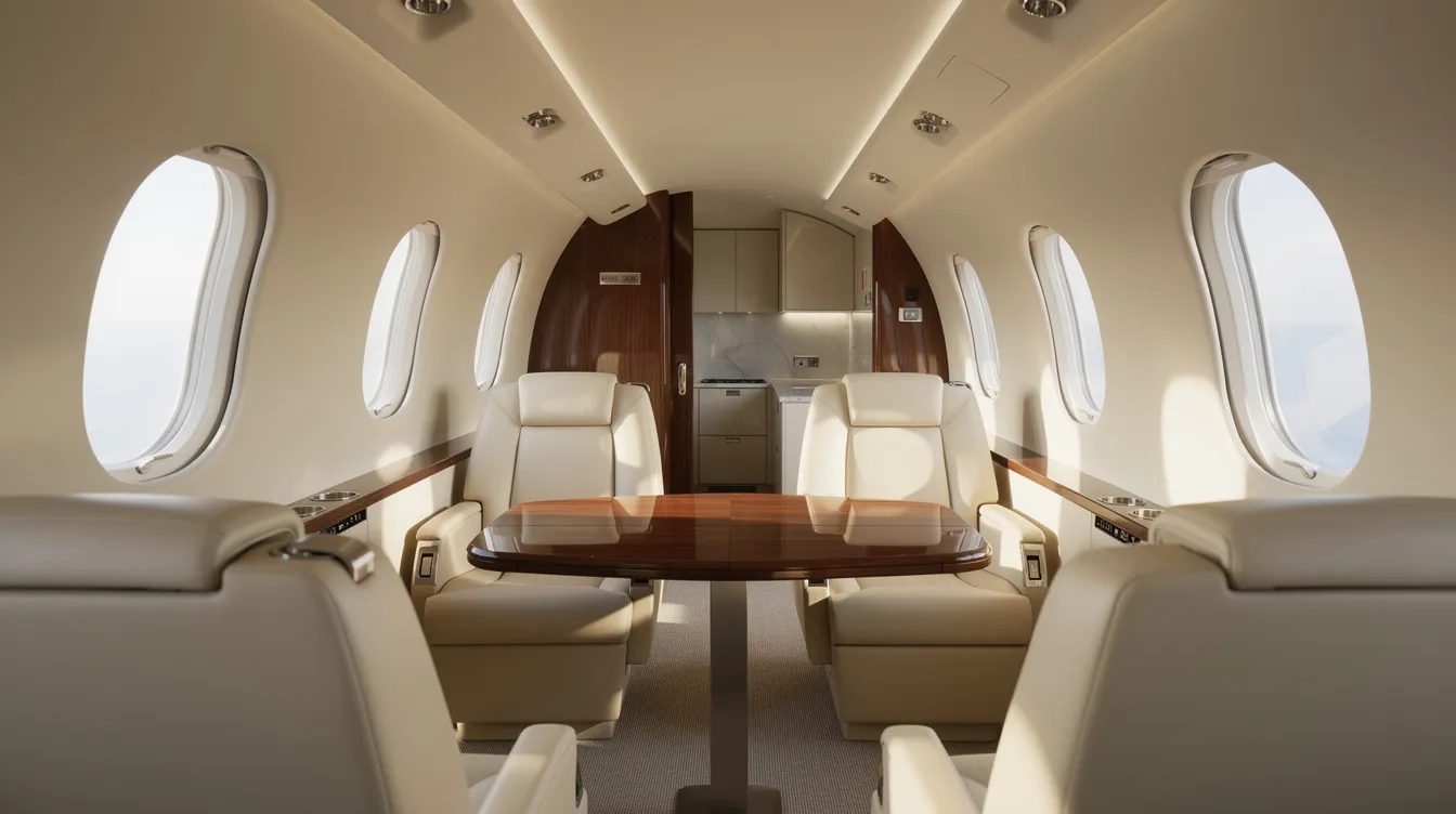 The image depicts the interior of a midsize private jet cabin featuring luxurious leather seats arranged in a club configuration, with natural light streaming in through oval windows, creating a spacious and inviting atmosphere for private air travel. This setting exemplifies the comfort and elegance associated with flying private on a business jet.