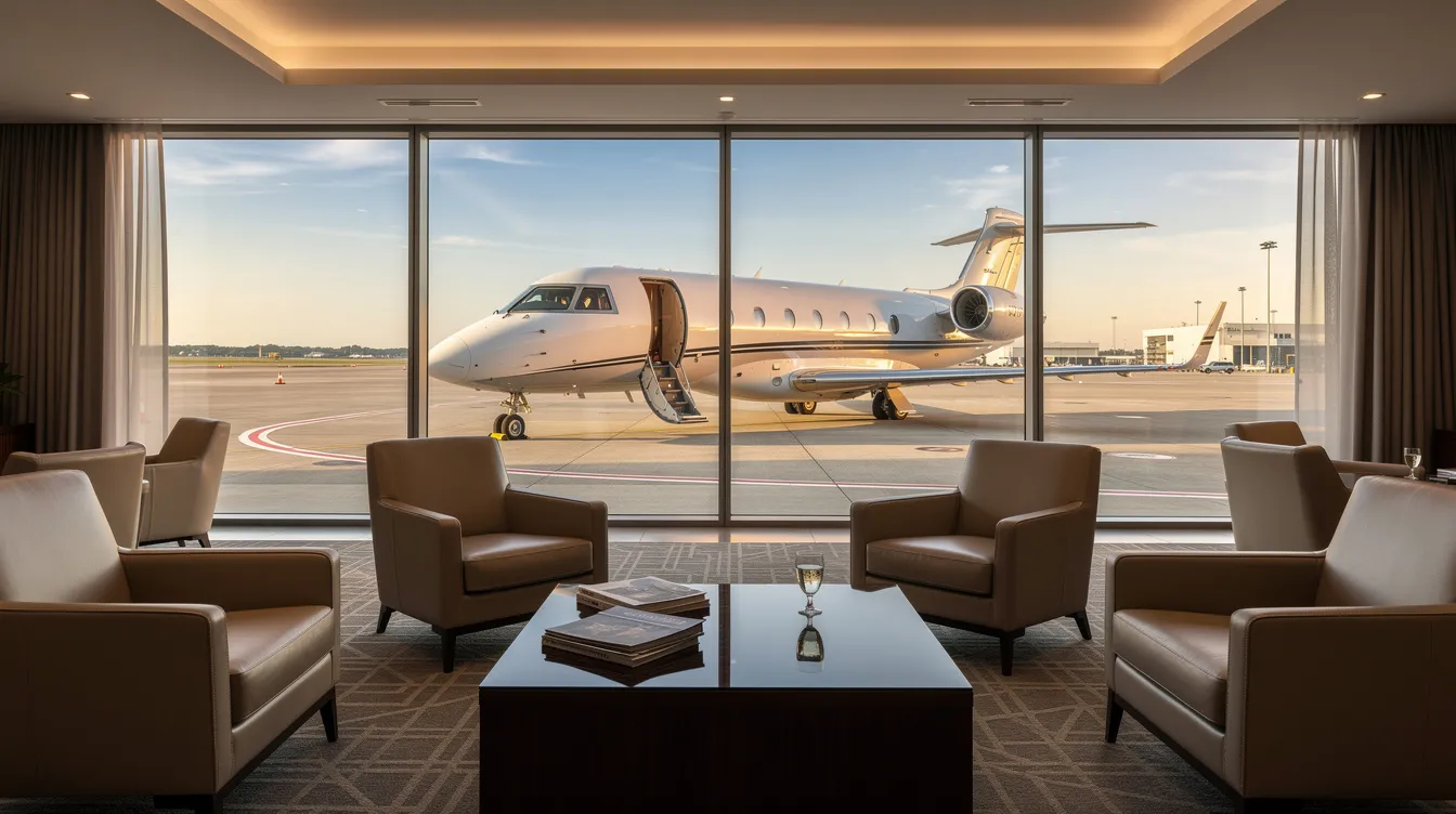The image shows the interior of a private aviation terminal lounge, featuring floor-to-ceiling windows that provide a clear view of a parked business jet outside. The modern lounge offers a comfortable space for passengers flying private, with amenities designed for convenience and relaxation before their journey.