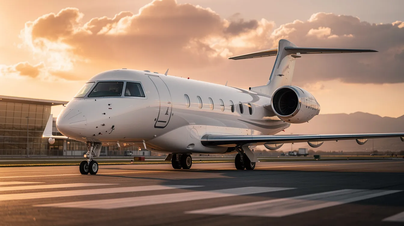 The image depicts a sleek private jet parked on a tarmac, showcasing the luxury of private aviation. This aircraft represents the premium service and personalized travel experience offered by private jet charters, connecting travelers with flexible schedules and diverse fleet options.