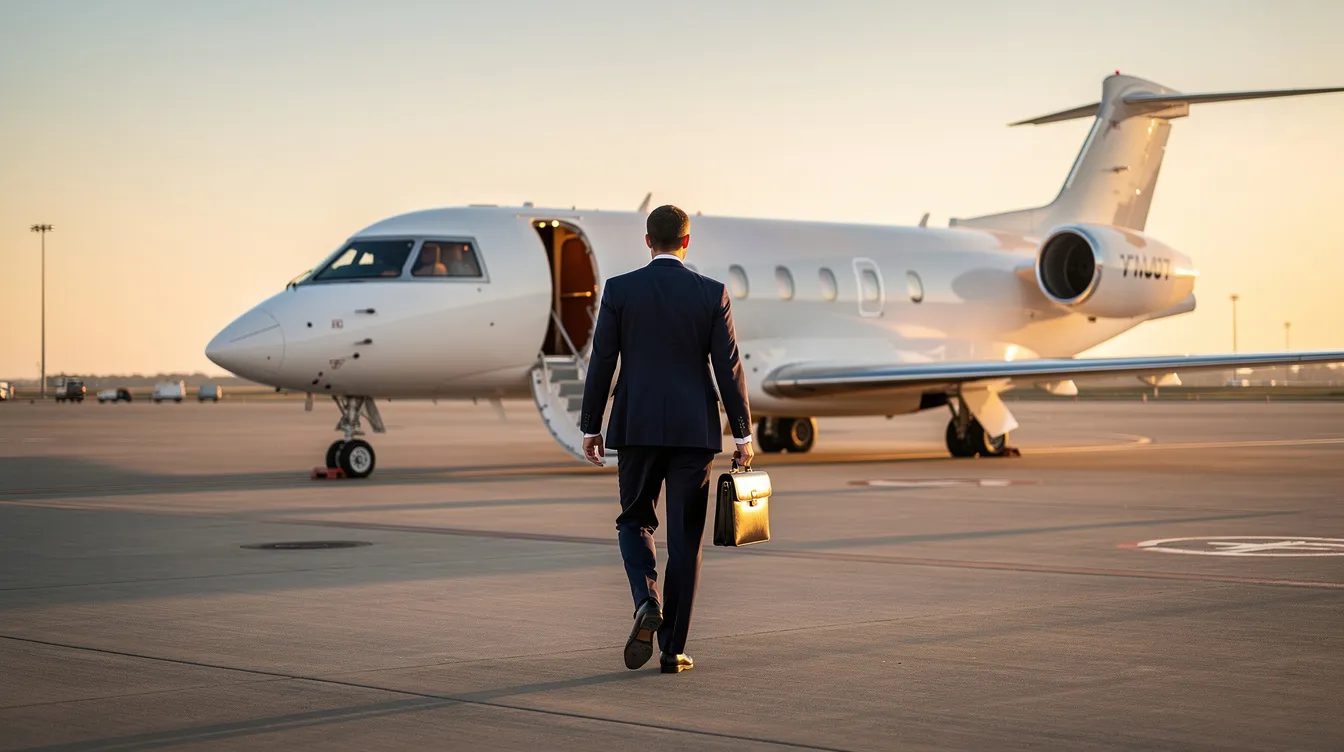 An executive confidently walks towards a private jet parked on a quiet airport ramp, symbolizing the luxury and convenience of private aviation. This scene highlights the appeal of private jet charters for business executives seeking flexible travel options and personalized service.