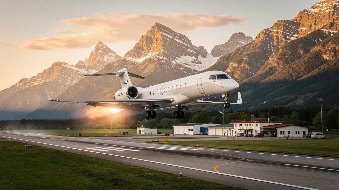A private jet is taking off from a small regional airport, surrounded by picturesque mountains, showcasing the convenience of private aviation for travelers seeking flexible travel options. This scene highlights the appeal of private jet charters for leisure and business travelers alike.