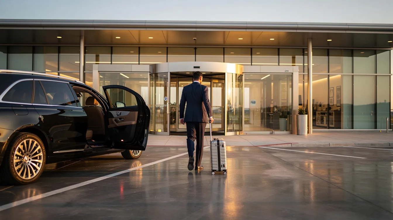 An executive passenger is seen entering a private terminal, accompanied by luggage and a ground vehicle nearby, highlighting the convenience and luxury of private jet travel. This scene emphasizes the efficiency of private aviation and the personalized travel experience it offers.