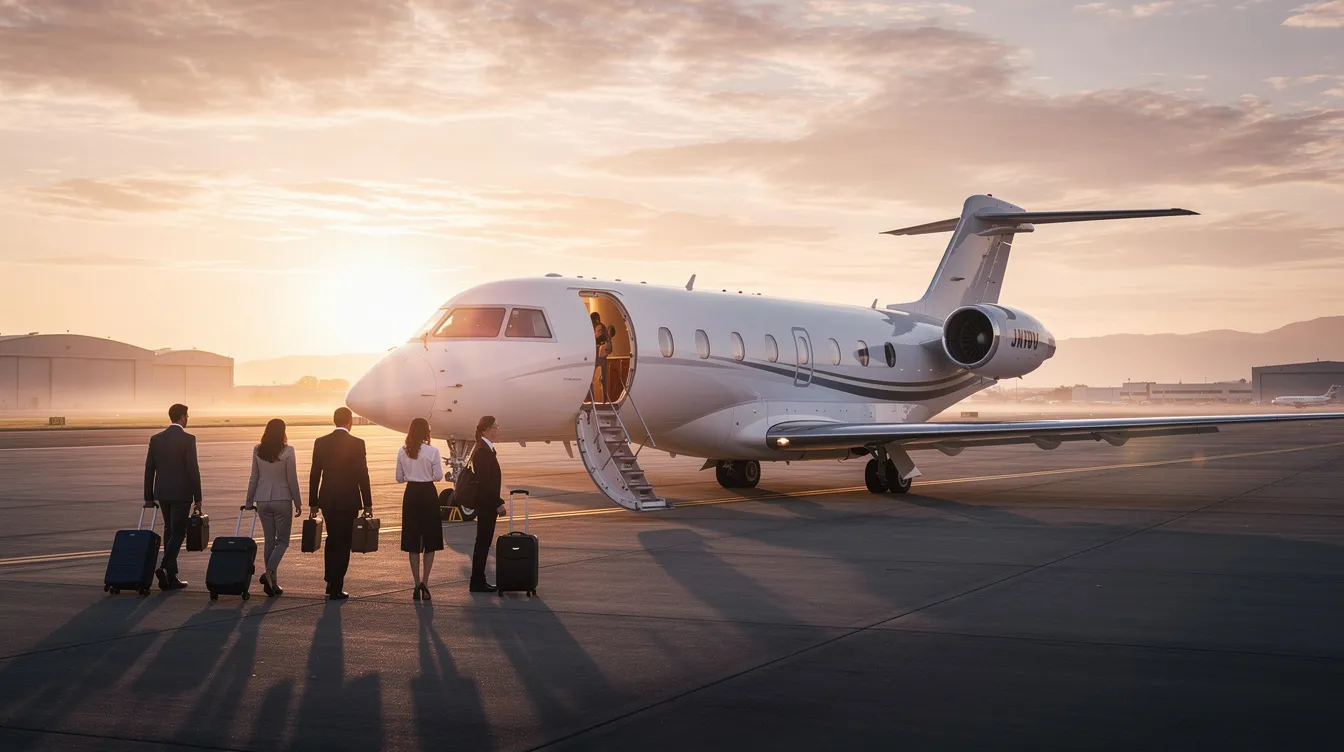 A private jet sits on a quiet runway at sunrise, with passengers walking towards the aircraft, ready for their private flight. The scene captures the essence of private jet travel, emphasizing a serene and luxurious travel experience.