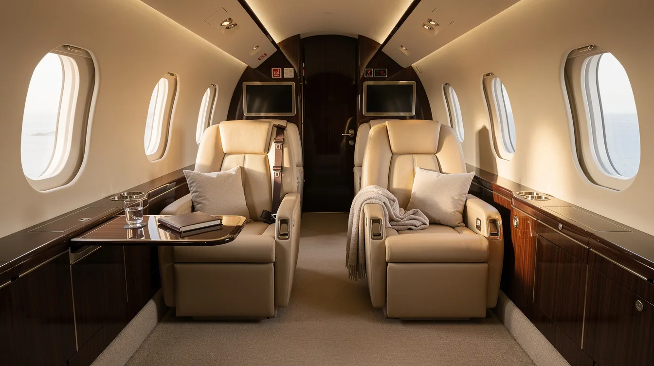 The image depicts a luxurious private jet cabin featuring plush leather seats bathed in soft natural light, creating an inviting atmosphere for travelers. This elegant space is designed for those seeking a personalized travel experience, emphasizing comfort and style in private aviation.