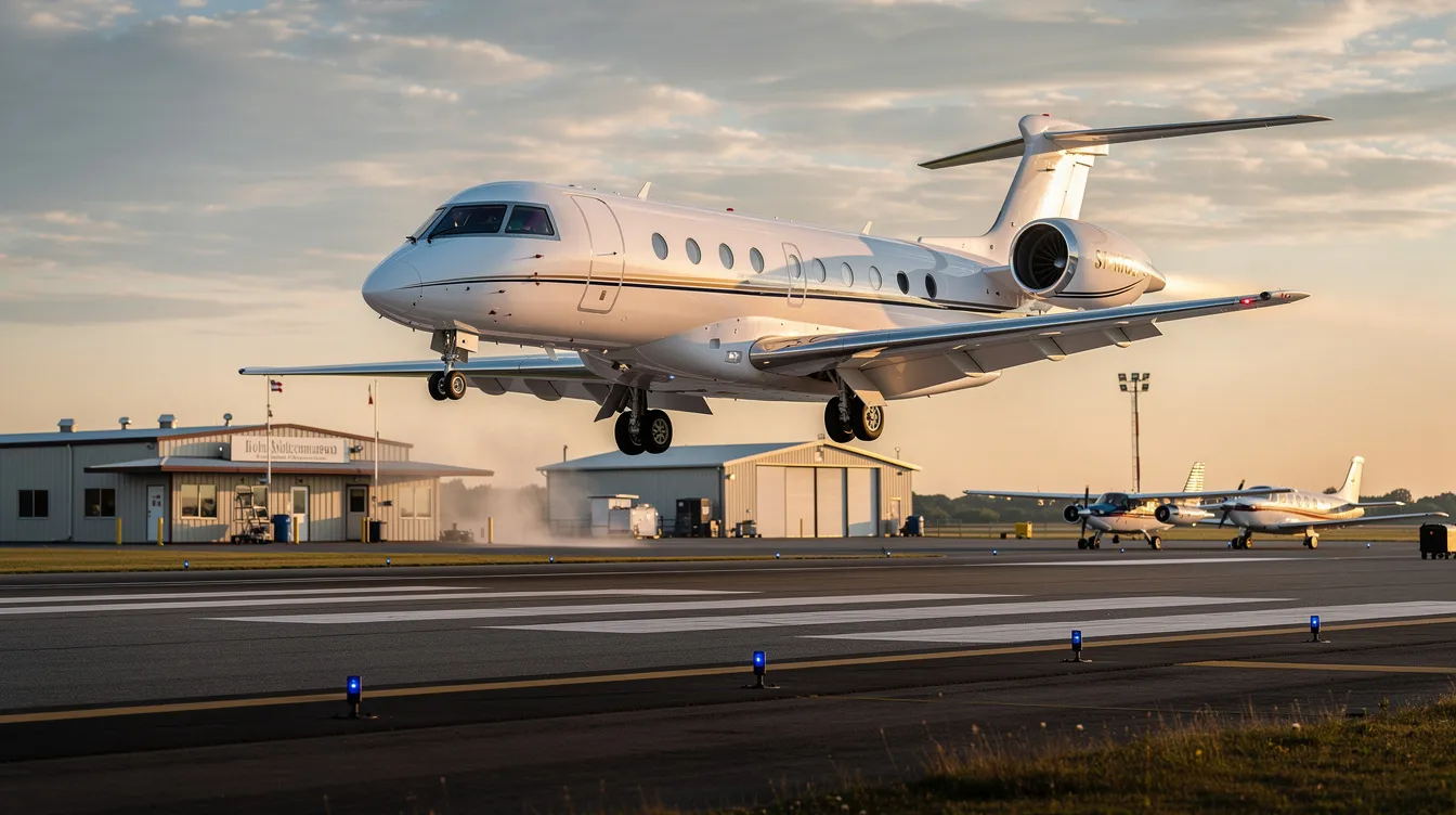 A private jet is taking off from a smaller regional airport runway, showcasing the luxury and convenience of private jet charter services for business and leisure travel. The aircraft ascends gracefully, highlighting the benefits of flying privately, such as personalized service and reduced travel time compared to commercial airlines.