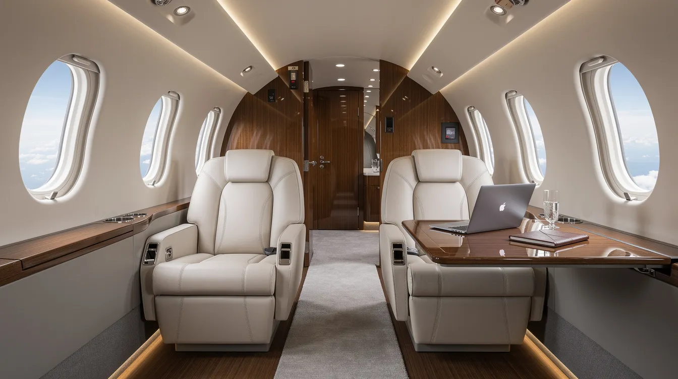 The image depicts the luxurious interior of a midsize private jet, showcasing comfortable seating for up to eight passengers, elegant finishes, and ample cabin space designed for both business and leisure travel. This private aircraft offers a sophisticated environment, ideal for those looking to charter a private jet for domestic or international flights.