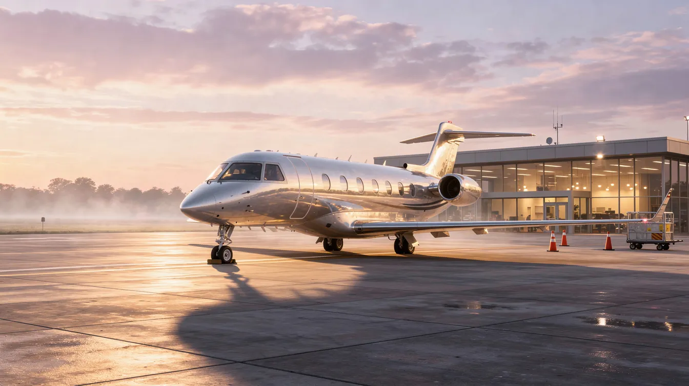A private jet is parked near a quiet terminal as the sun rises, casting a warm glow over the scene, highlighting the luxury of private aviation. This serene setting is ideal for those considering private jet charter services for business and leisure travel.