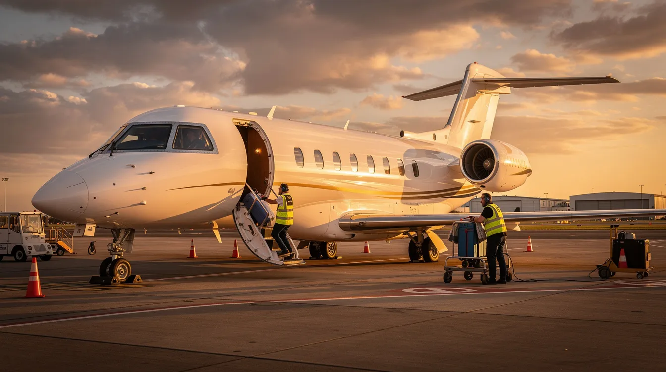 A private jet is parked on a tarmac during golden hour, with a ground crew preparing for departure, showcasing the elegance of private aviation. The scene captures the anticipation of a private jet charter flight, emphasizing the luxury and convenience of flying private.