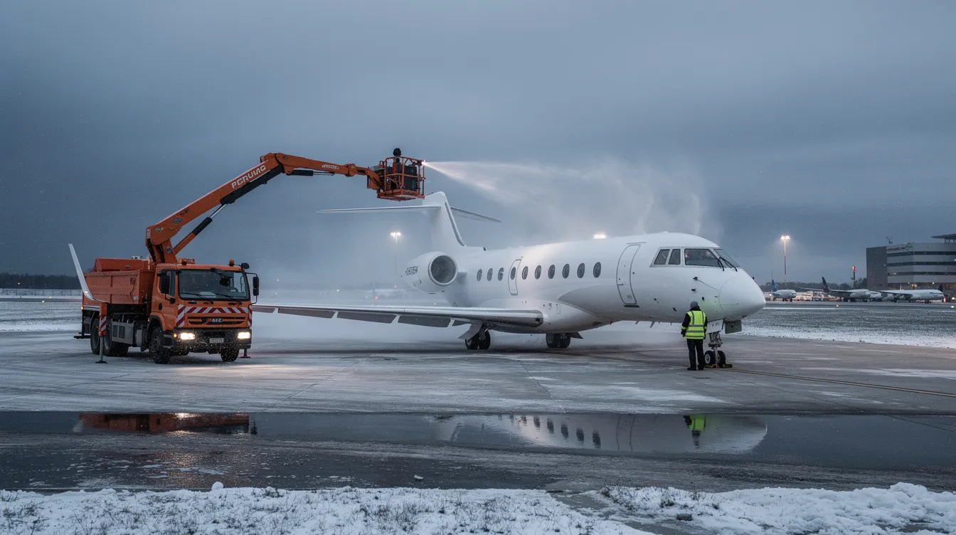 A private jet is being deiced on an airport ramp, surrounded by a snowy landscape, preparing for its flight. This scene highlights the importance of private jet charter services in winter weather, ensuring safe travel for business and leisure passengers.