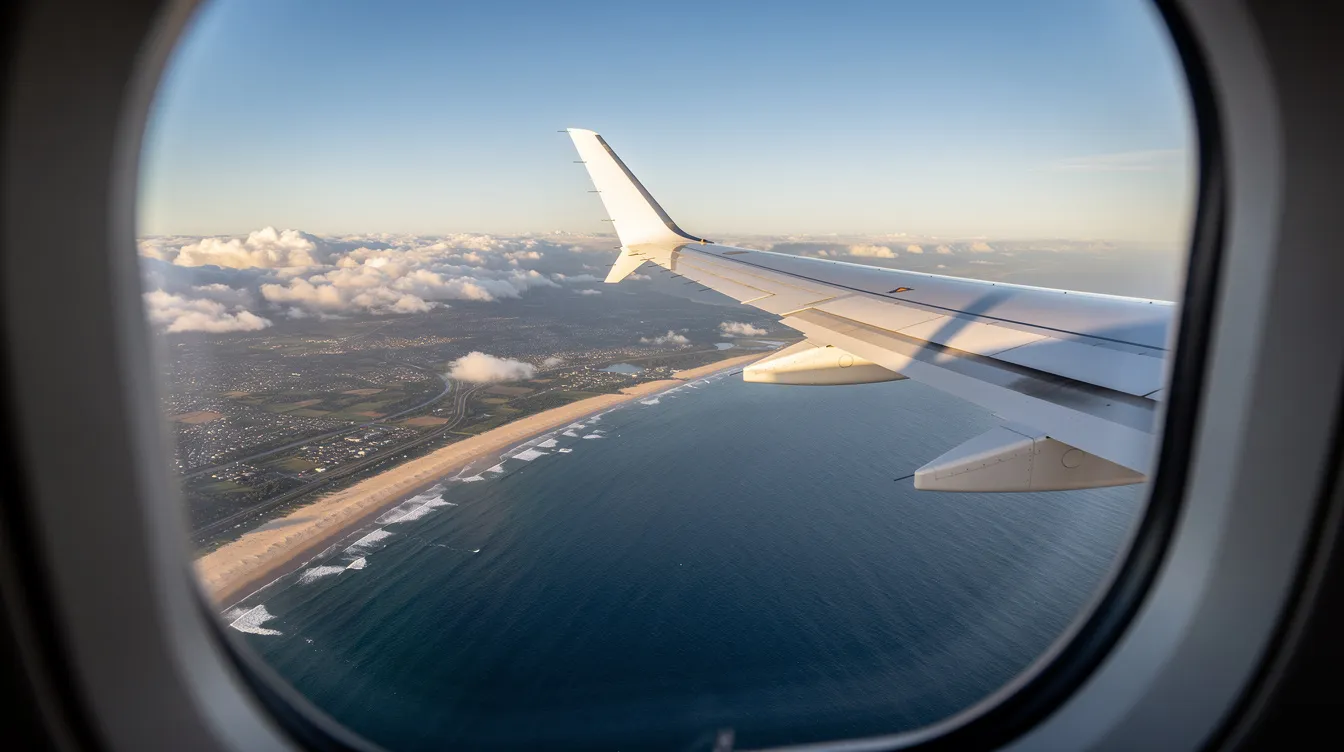 An aerial view from a private jet shows a stunning coastline, with the blue ocean meeting sandy shores, all captured at cruising altitude. The image highlights the luxury of private jet travel, offering a glimpse into the expansive vistas accessible through private jet charter services.