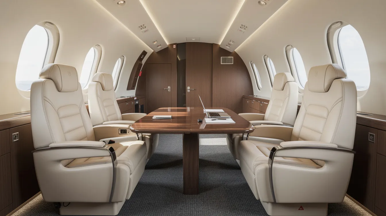The image depicts the interior of a midsize jet cabin, featuring luxurious leather seats arranged around a small conference table, designed for business and leisure travel. This spacious cabin space can accommodate up to eight passengers, highlighting the comfort and elegance associated with private jet charter services.