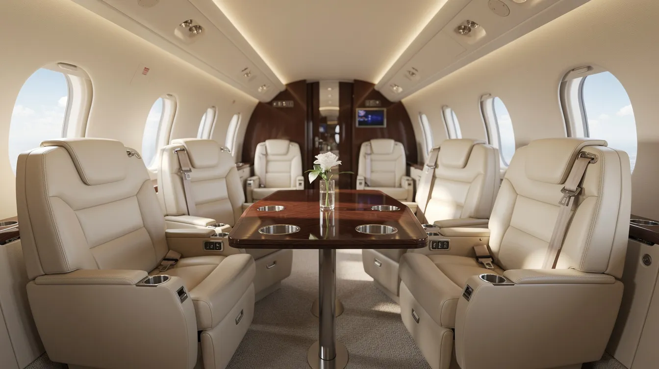 The image depicts the interior of a midsize private jet cabin featuring plush leather seats arranged facing each other across a small table, with natural light streaming through the windows, creating an inviting atmosphere for private jet travel. This luxurious setting is ideal for both business and leisure travel, highlighting the comfort and elegance associated with private jet charter services.