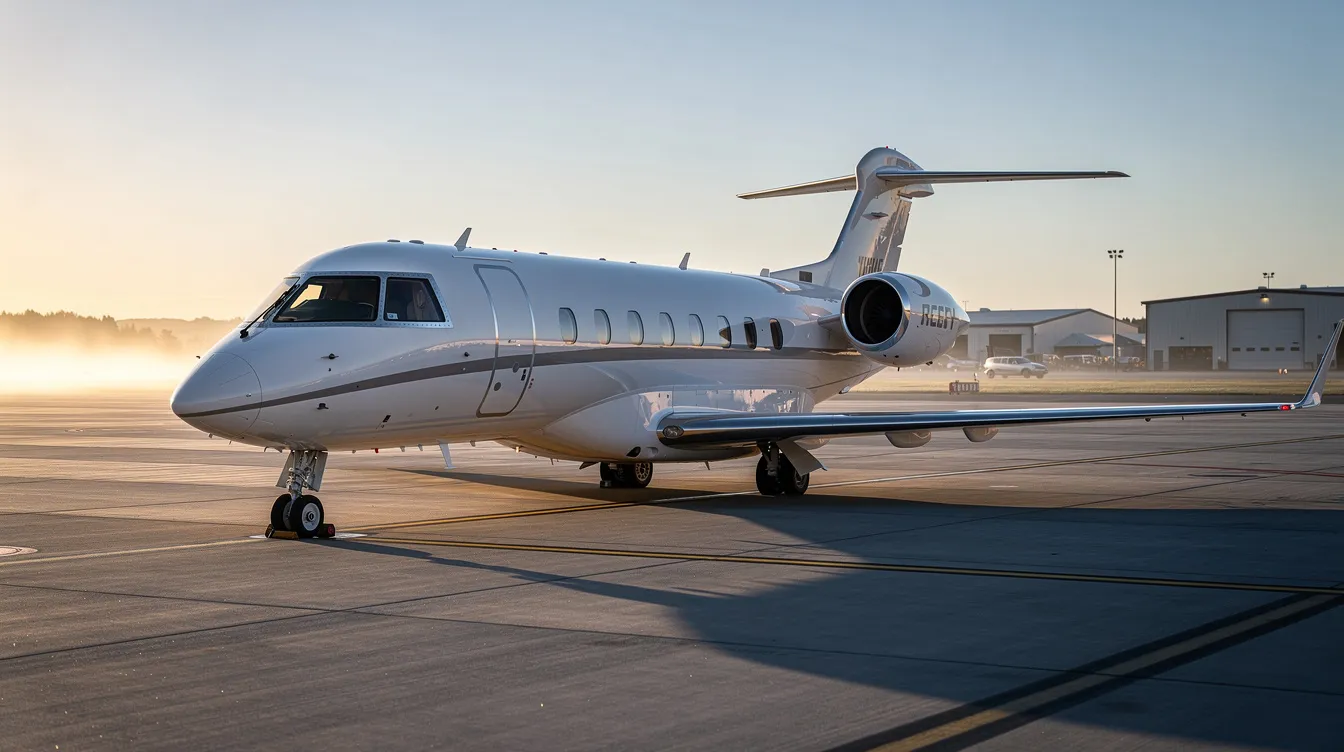 A sleek modern private jet is parked on the tarmac of a quiet regional airport, bathed in the soft light of early morning. This scene captures the essence of private aviation, highlighting the luxury and convenience of private jet travel, perfect for those considering private jet charter services.