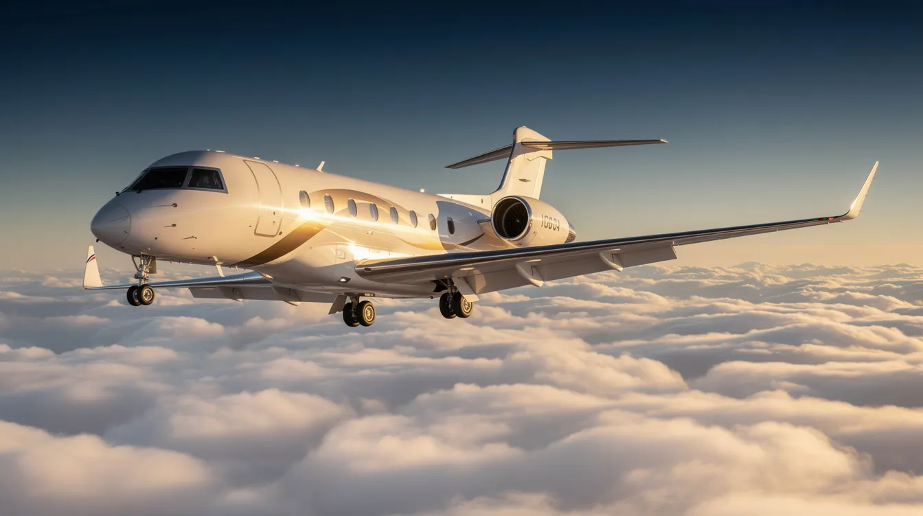 A large private jet soars above fluffy white clouds, with sunlight glinting off its sleek fuselage, showcasing the luxury of private aviation. This image captures the essence of flying private, highlighting the elegance and power of private jet travel.