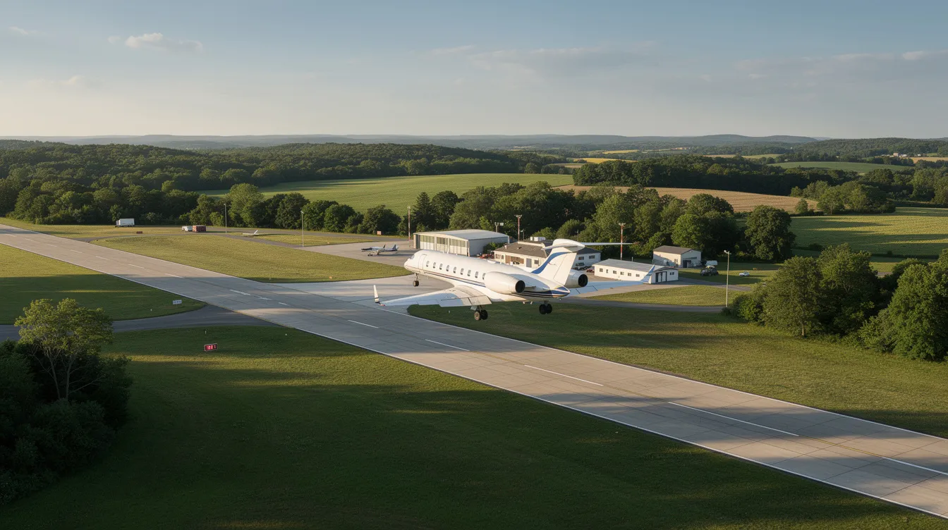 An aerial view showcases a small regional airport nestled in lush greenery, with a business jet, likely a light jet, gracefully approaching the runway for landing. This scene exemplifies private aviation, highlighting the convenience and beauty of private jet travel amidst a tranquil landscape.