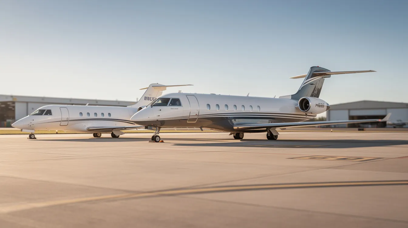 The image depicts three private jets of varying sizes parked on a tarmac, showcasing a small light jet, a midsize jet, and a large long-range aircraft against a clear blue sky. This scene highlights the diversity in private aviation options available for personalized air travel experiences.