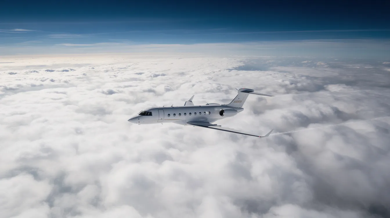 A private jet is flying high above a thick layer of white clouds, with a deep blue sky stretching above it, showcasing the luxury and freedom of private air travel. The image captures the essence of flying private, emphasizing the serene and exclusive experience of soaring at high altitude.