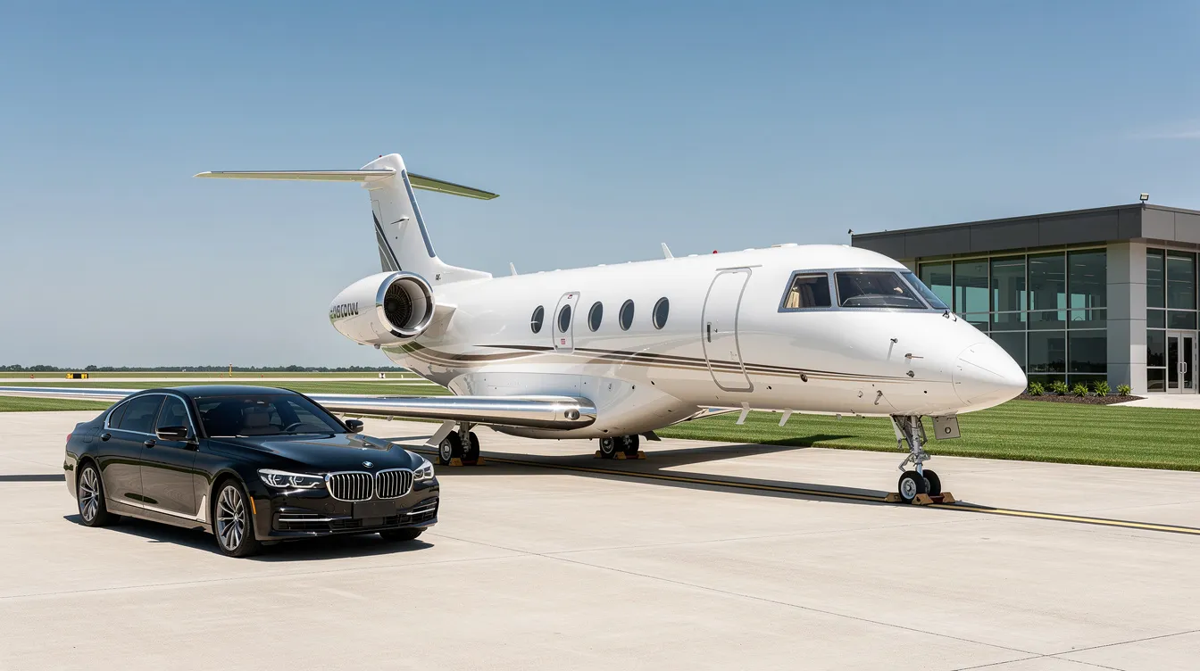 A sleek private jet is parked at a quiet FBO terminal, with a black sedan nearby and lush green grass in the background, showcasing the luxury and convenience of private aviation. The scene highlights the appeal of private jet travel, offering a serene environment away from commercial flights.