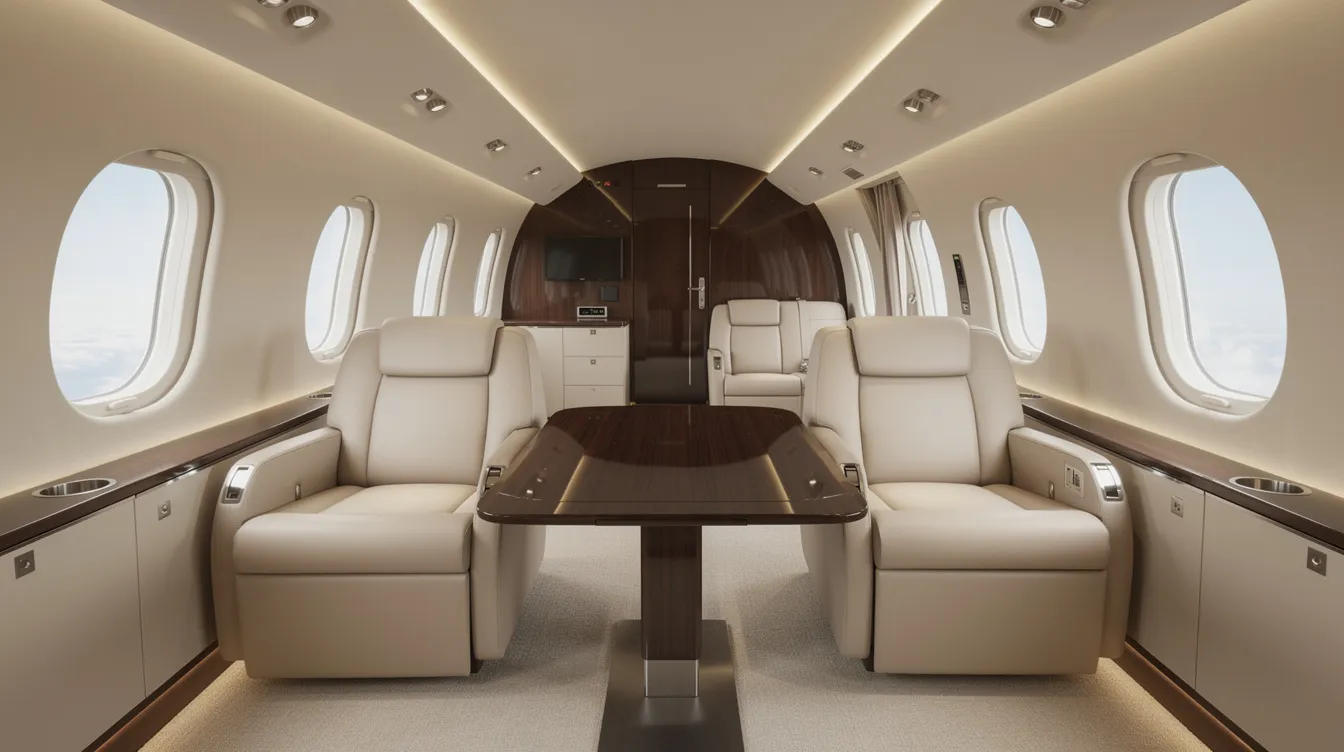 The image depicts the interior of a modern private jet cabin featuring cream leather club seats arranged across a polished wood table, complemented by soft ambient lighting and large oval windows. This luxurious space is designed for private jet travel, offering comfort and elegance for passengers flying private.