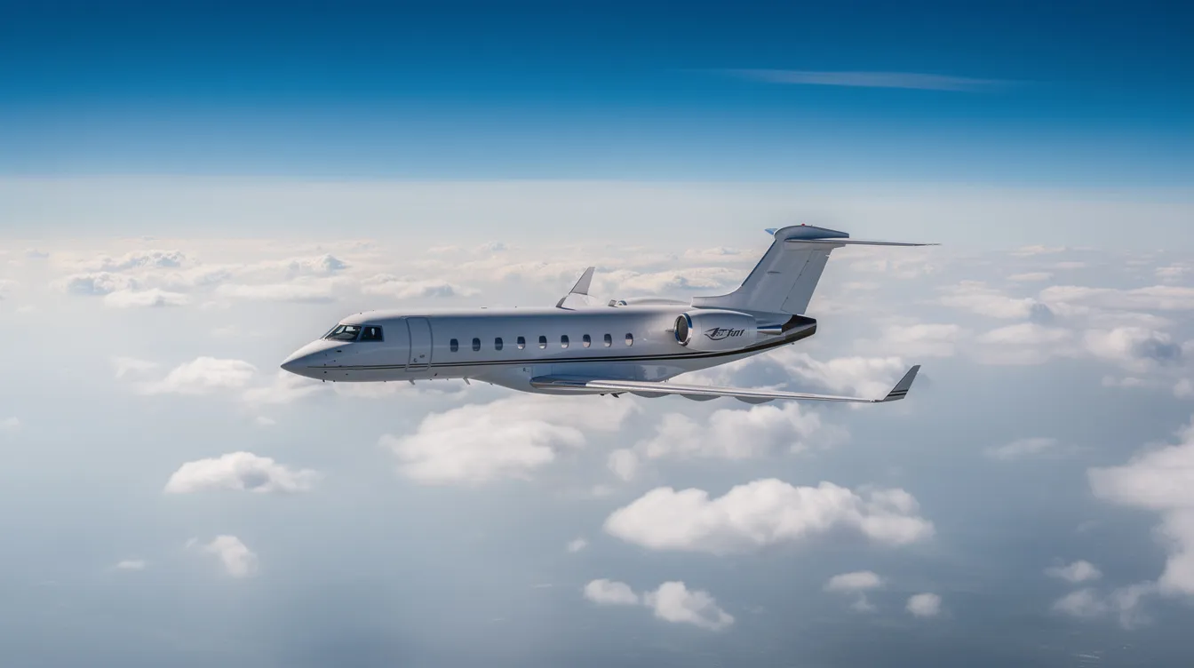 A light private jet soars above scattered clouds in a clear blue sky, showcasing the elegance of private aviation. This aircraft is ideal for discerning travelers seeking a luxurious flying experience with the convenience of accessing smaller airports.