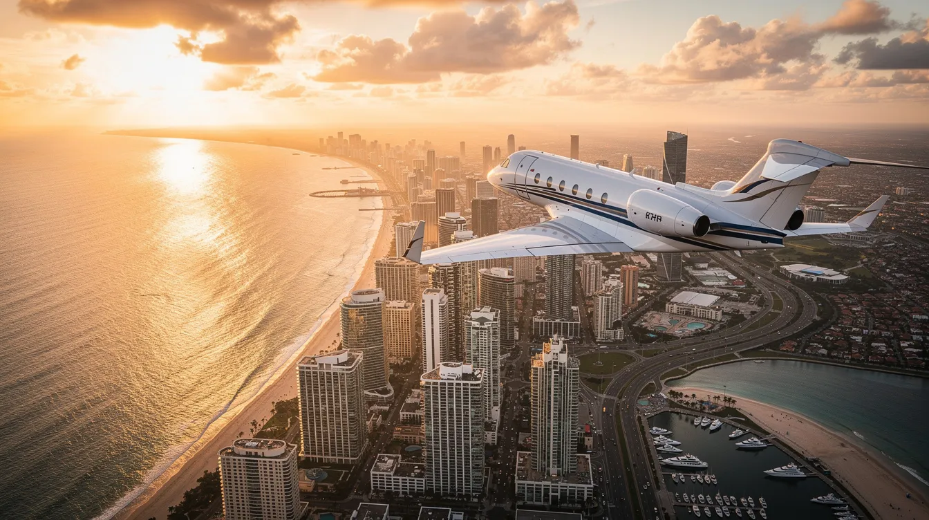 An aerial view captures a private jet soaring above a coastal city during the golden hour, showcasing the luxurious experience of private travel. The image highlights the jet's sleek design, emphasizing the convenience and personalized service that private jet charter services offer to discerning travelers.