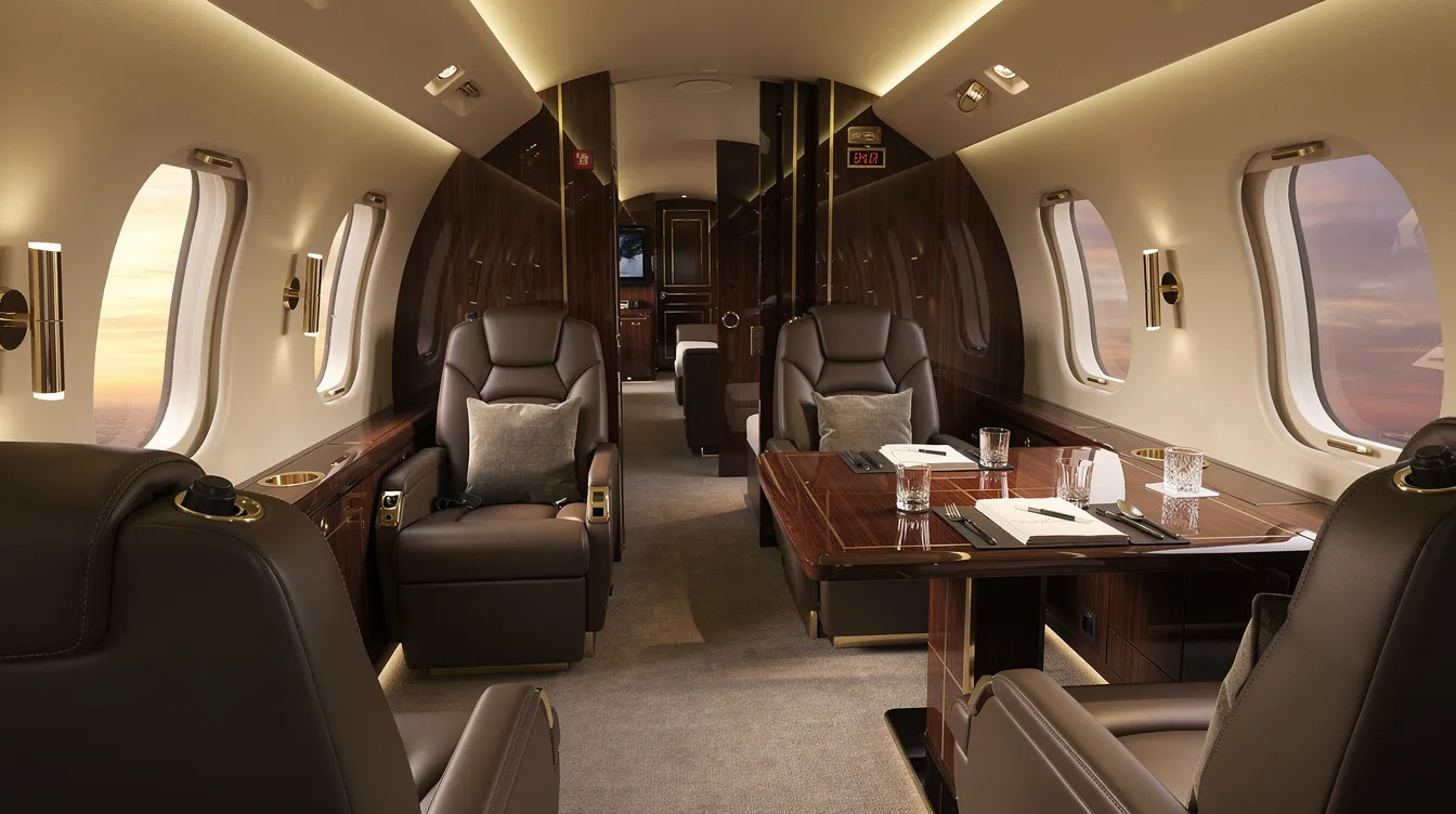 The image depicts the interior of a luxurious heavy private jet cabin, featuring lie-flat seats and warm lighting that creates a cozy atmosphere. A conference table is positioned in the center, providing an ideal space for business discussions among up to eight passengers during their private flights.