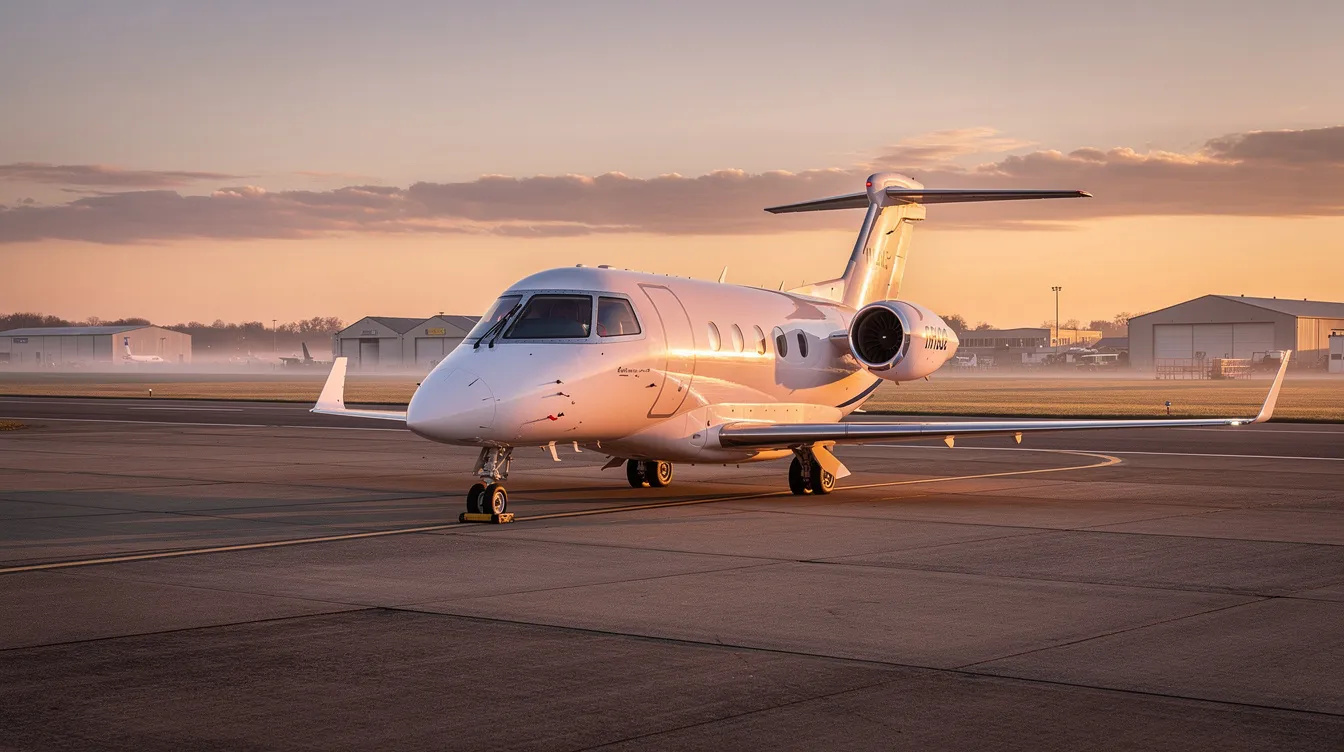 A private jet is taxiing on a quiet regional airport tarmac at sunrise, surrounded by a serene atmosphere with no commercial terminal crowds in sight. This scene captures the essence of luxury air travel and private jet charter services, ideal for both business and leisure trips.