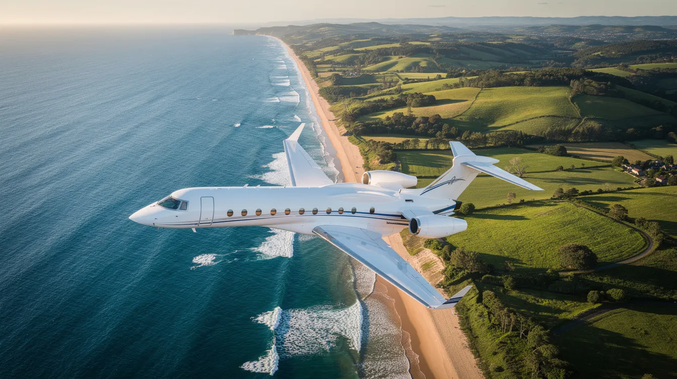 An aerial view captures a sleek private jet soaring above a stunning coastline, where the vibrant blue ocean meets lush green terrain below. This scene highlights the luxury of private jet travel, ideal for both business and leisure trips.