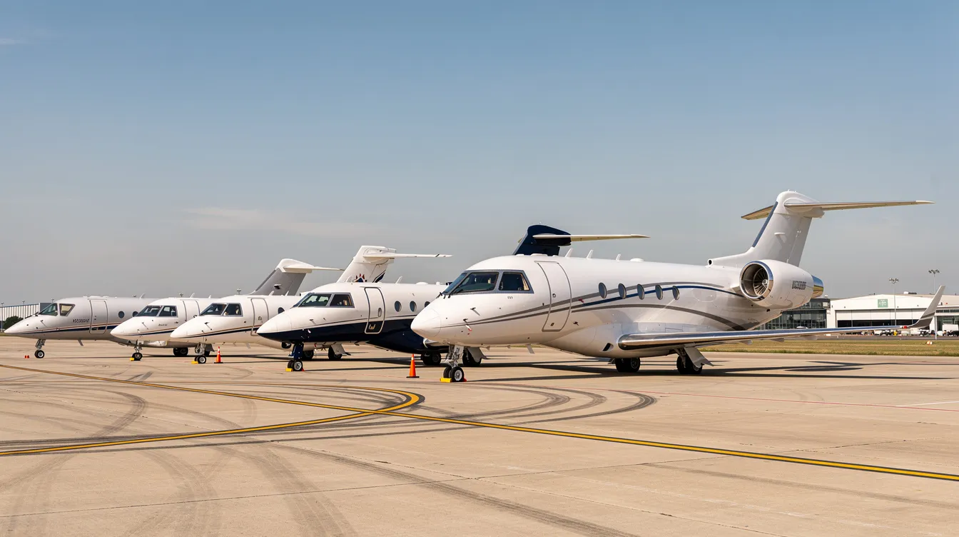 The image depicts several business jets of varying sizes parked side by side on an airport apron under a clear blue sky, showcasing options for private jet travel and luxury air travel. Each aircraft represents different private jet categories, ideal for both business and leisure trips.