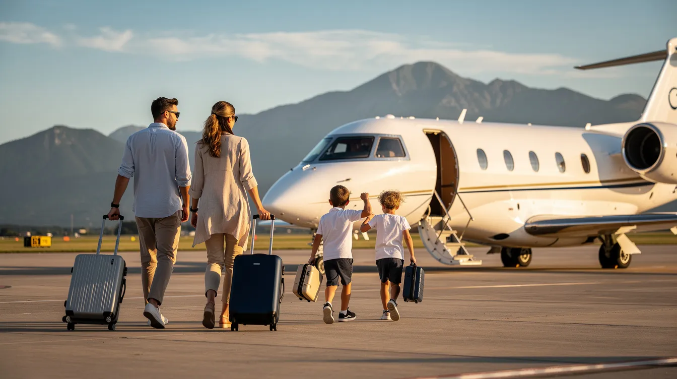 A family is seen walking towards a private jet on a sunny tarmac, with their luggage in tow and majestic mountains in the background, highlighting the luxury and convenience of private jet travel. This scene captures the essence of personalized service and the ease of charter flight experiences.