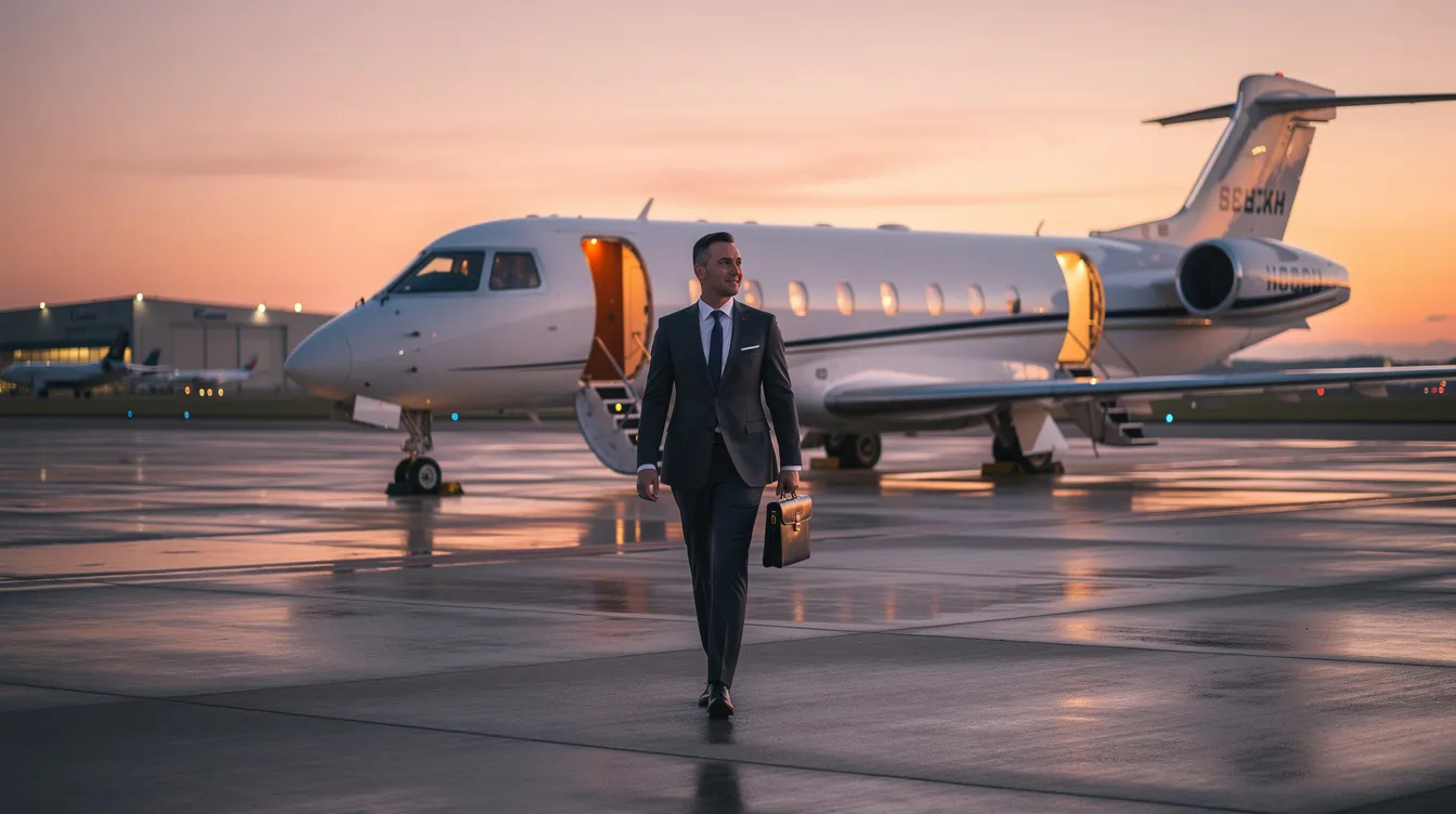 A business professional confidently walks across a private airport tarmac at dusk, heading towards a waiting private jet, showcasing the luxury and convenience of private jet travel. The scene reflects the personalized service and efficiency of private jet charter services, perfect for corporate shuttles and international travel.