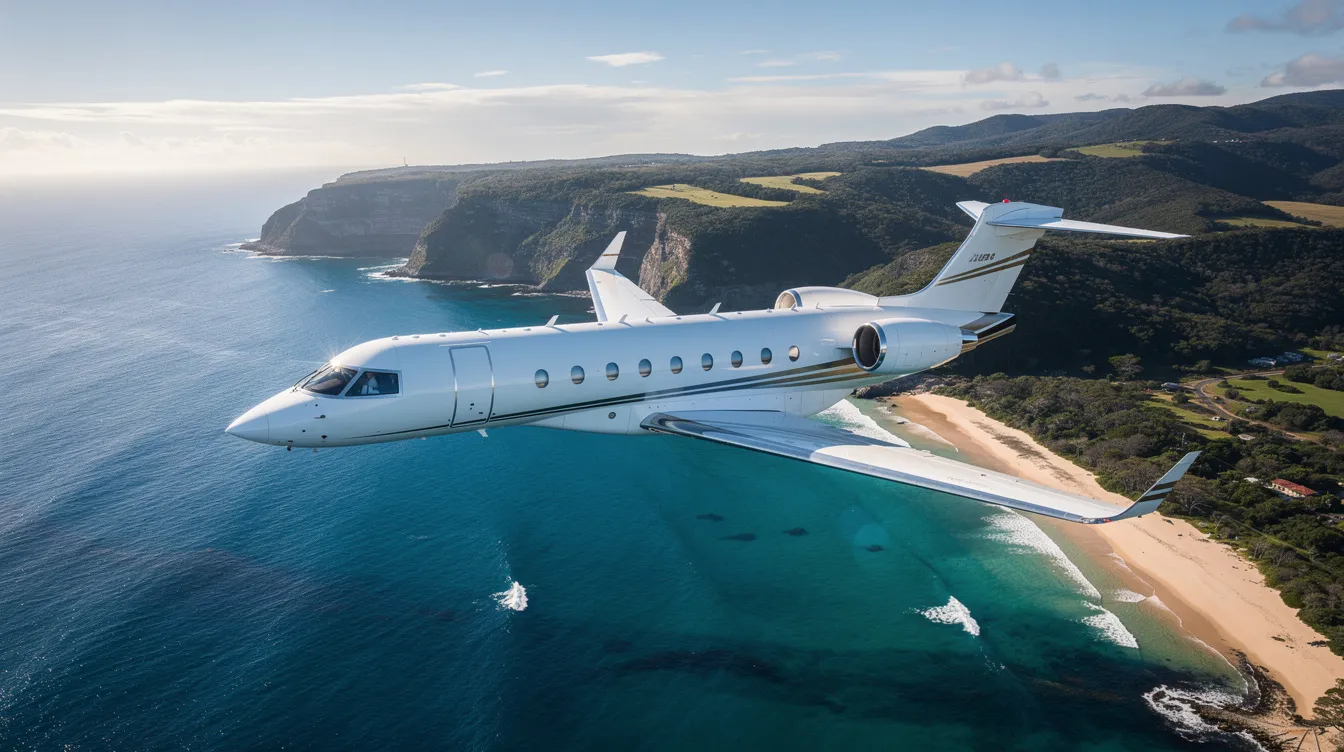 A private jet is soaring high above a stunning coastal landscape, with the deep blue ocean glistening below and lush green hills stretching along the shore. This scene captures the essence of private air travel, showcasing the beauty and freedom offered by private jet charter services.
