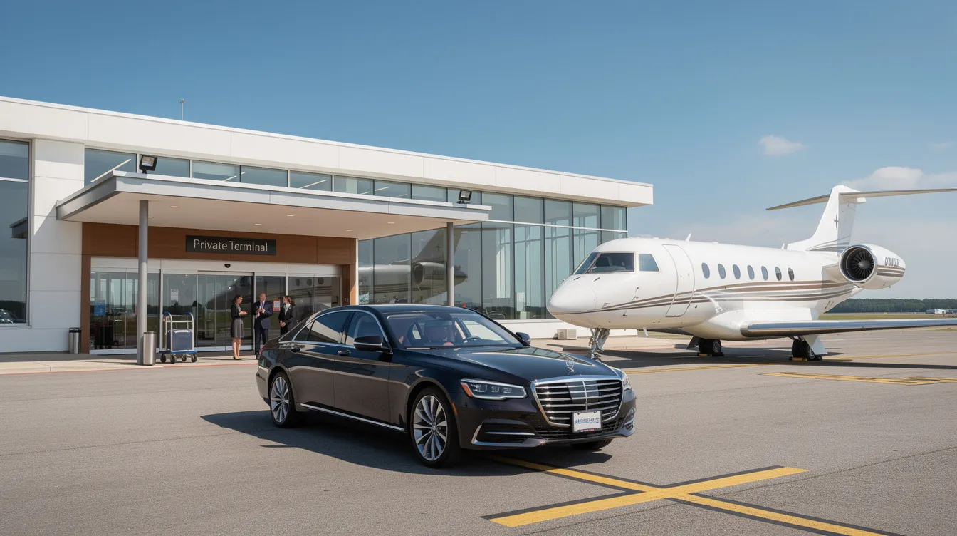The image features a small private terminal building with a sleek business jet parked outside, while a car approaches the entrance, suggesting the convenience and personalized service associated with private jet charter services for discerning travelers. This setting highlights the luxury and efficiency of private air travel, ideal for business executives and private jet travelers.