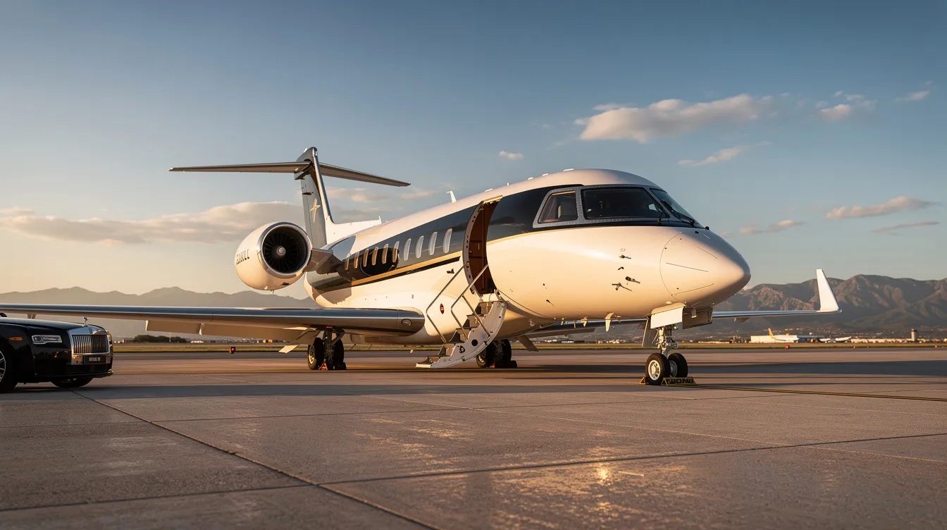 The image depicts a sleek private jet ready for departure, showcasing the luxury and convenience of private jet charters. It emphasizes the seamless journey offered to passengers, with fully customizable flight itineraries to meet their travel needs.