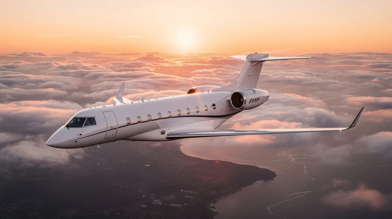 The image depicts a sleek private jet on a runway, symbolizing the luxury and convenience of private air travel. This aircraft represents the ideal choice for travelers seeking efficient charter services and greater flexibility in their journeys, avoiding the high costs and long waits associated with commercial airlines.
