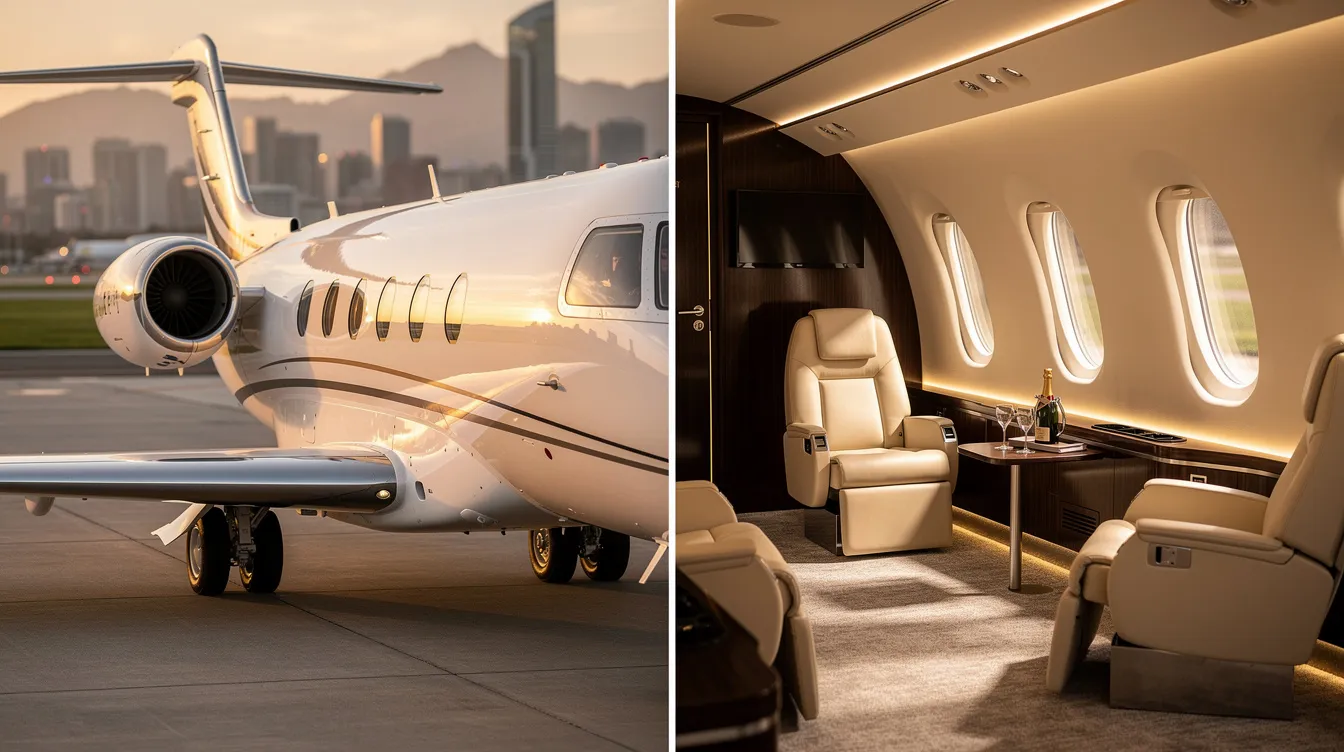 The image depicts a sleek private jet on a runway, symbolizing the luxury of private air travel. This aircraft represents the ideal choice for travelers seeking efficient charter flight options and greater flexibility in their journeys.