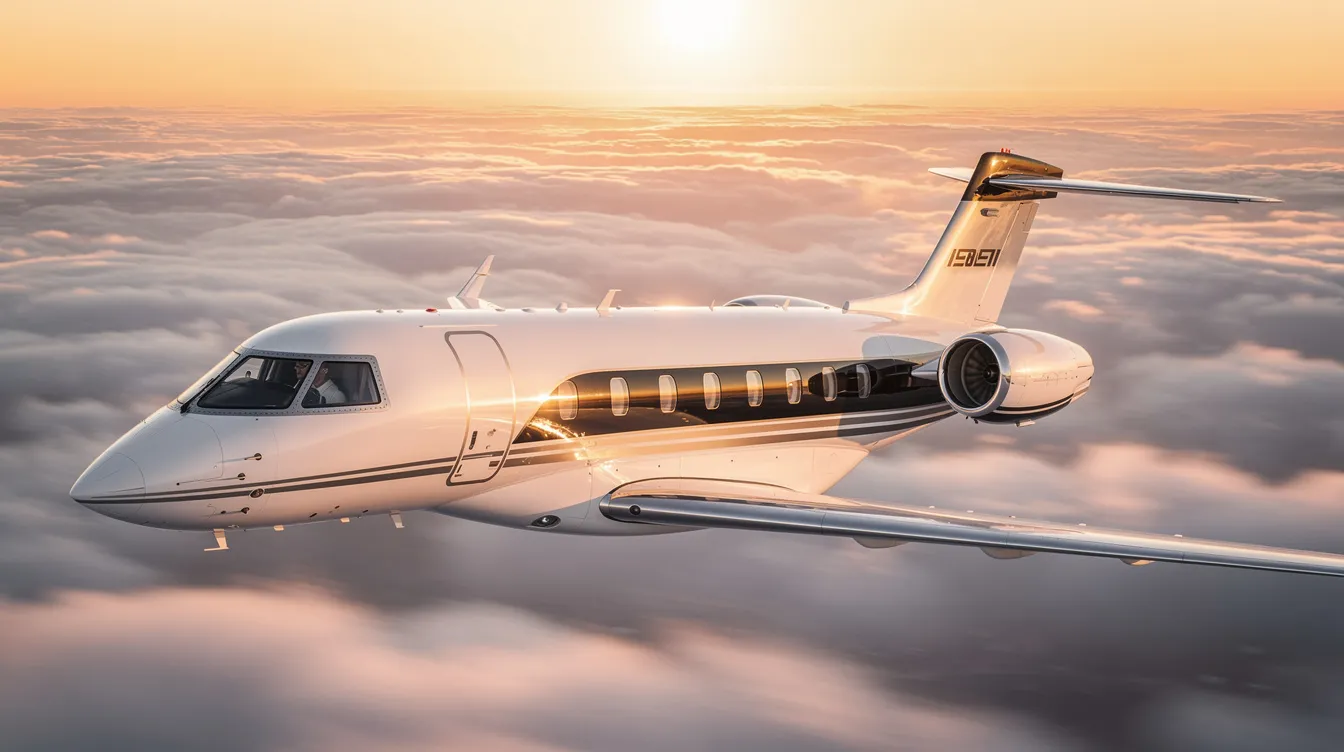 The image depicts a sleek luxury private jet parked on a tarmac, showcasing its modern design and spacious cabin. This private jet charter service offers personalized service and various aircraft options for travelers seeking comfort and convenience in private aviation.