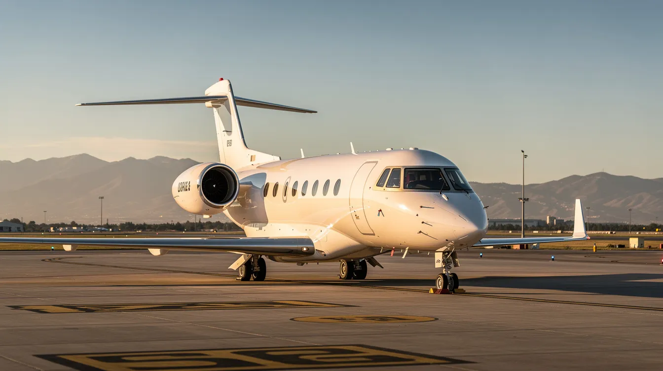 The image depicts a sleek luxury private jet parked on a tarmac, showcasing its modern design and spacious cabin. This private jet charter service offers personalized service and various aircraft options for travelers seeking comfort and convenience in private aviation.