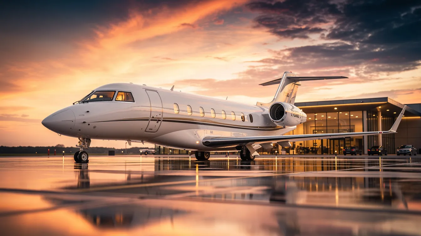The image depicts a luxurious private jet parked on a tarmac, showcasing the sleek design and spacious cabin interior, indicative of high-end private jet travel. This private jet charter service offers personalized service and various aircraft options for travelers seeking comfort and efficiency in their flights.
