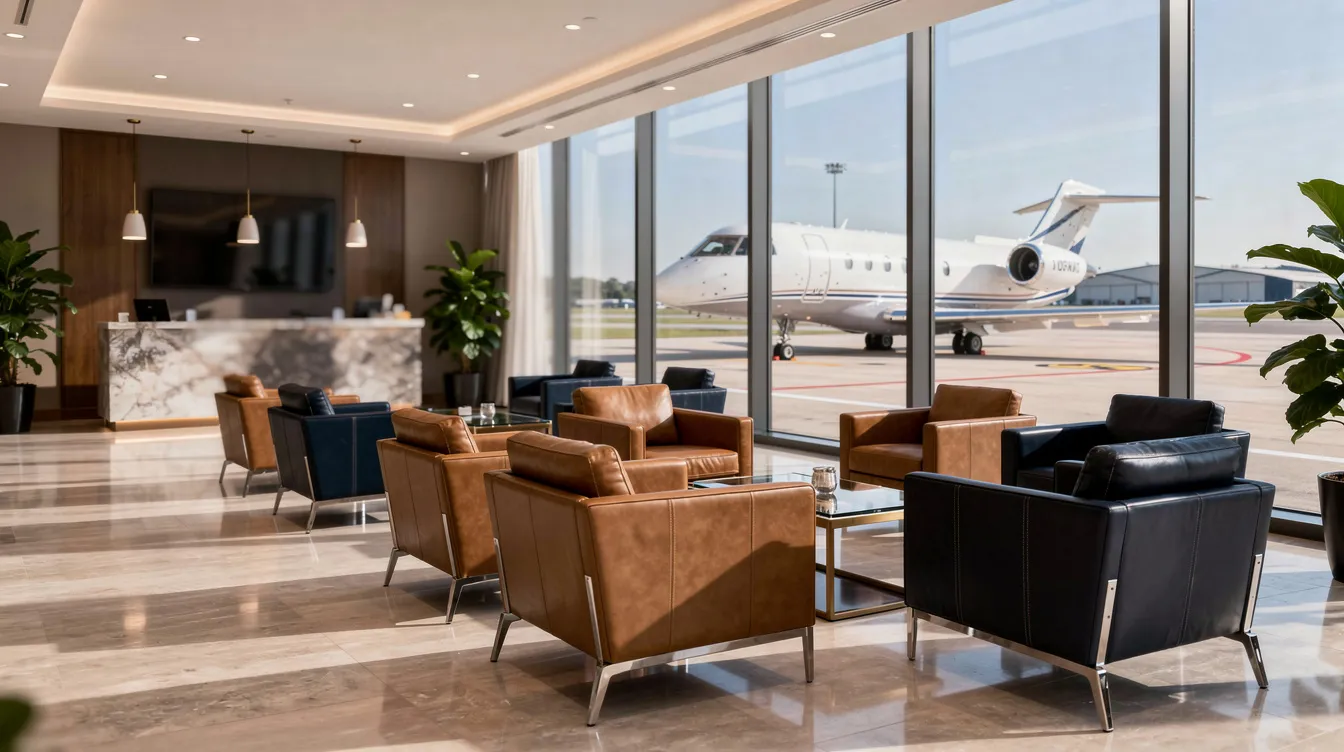 The image depicts the interior of a luxurious private aviation lounge featuring floor-to-ceiling windows, plush leather armchairs, and a stunning view of a private jet parked on the tarmac, highlighting the elegance and comfort associated with private jet travel for international flights. This inviting space offers a serene atmosphere for passengers preparing for their journey to exclusive destinations.