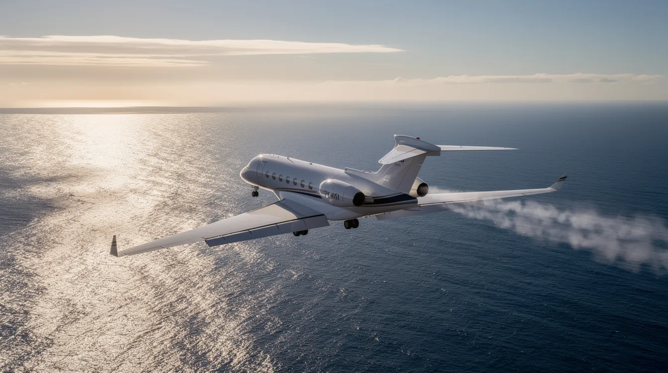 A private jet soars high above an expansive ocean, with sunlight shimmering on the water's surface below, showcasing the luxury of private jet travel and the freedom of flying internationally. The scene captures the essence of exclusive destinations and the convenience of private flights.