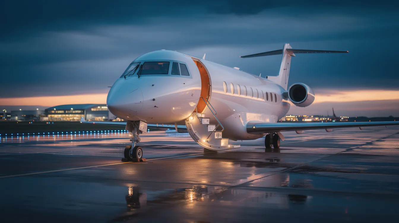 A luxurious private jet is parked on the tarmac at dusk, with its boarding stairs extended and runway lights illuminating the background, ready for international private jet flights to exclusive destinations. The scene captures the essence of private jet travel, offering convenience and personalized service for discerning travelers.