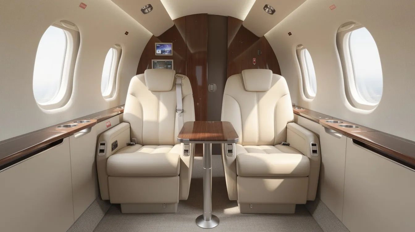 The interior of a light jet features cream leather seats and a small table positioned between them, illuminated by natural light streaming through oval windows. This exclusive and comfortable experience is ideal for private jet travelers seeking a serene environment away from commercial flights.