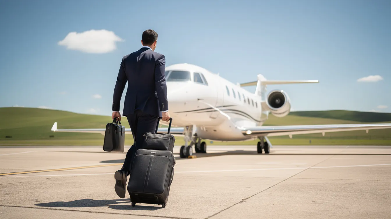 A business traveler in professional attire is walking toward a sleek white private jet on a sunny tarmac, with lush green hills in the background, highlighting the exclusivity and comfort of private jet travel. This scene captures the essence of private aviation, offering an efficient alternative to commercial flights for business trips.