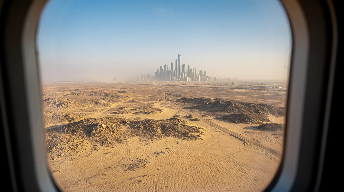 An aerial view captures a vast desert landscape with a distant city skyline, visible from the window of a private jet, highlighting the unique experience of private aviation. The scene emphasizes the contrast between the serene, arid terrain and the bustling urban environment, showcasing the exclusive destinations accessible through private jet travel.