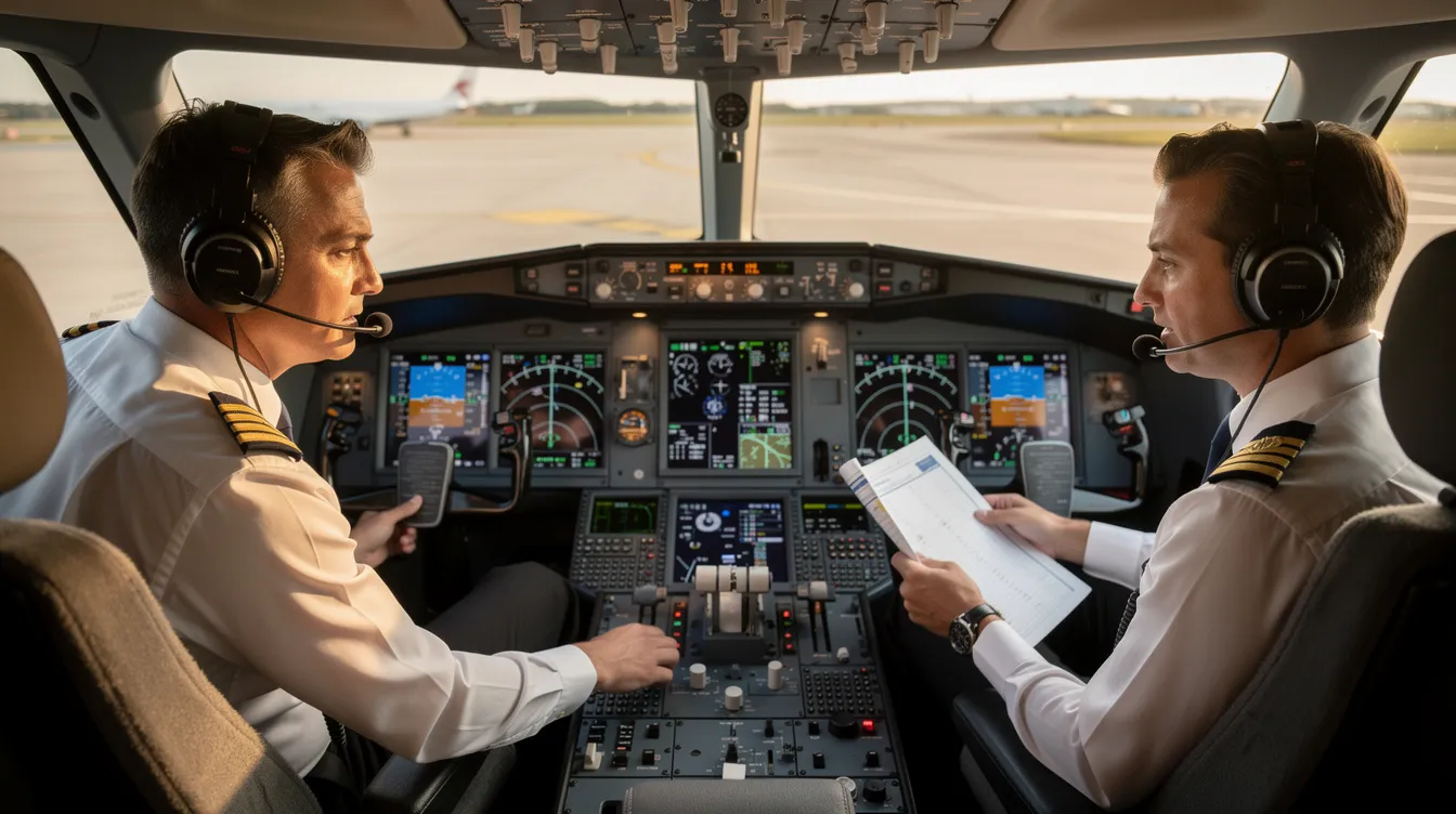 In a modern cockpit of a private jet, two pilots are intently reviewing flight instruments and checklists before departure, ensuring a safe and efficient takeoff for private jet travelers. The cockpit features advanced technology and displays, highlighting the exclusive and comfortable experience of private aviation.