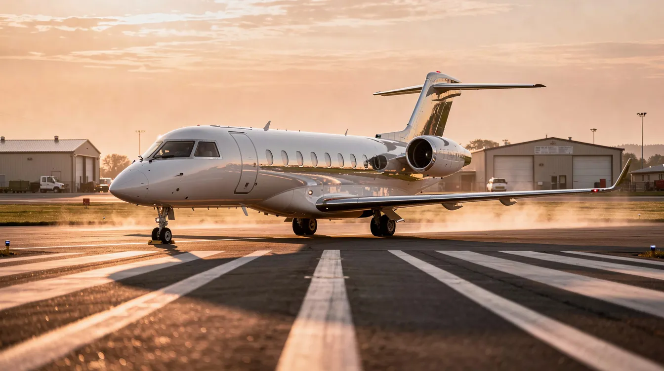 A sleek private jet is parked on the tarmac at a small regional airport during golden hour, showcasing the luxurious design and spacious cabin that private aviation offers. This scene highlights the exclusive and comfortable experience of private jet travel, ideal for business travelers and leisure travelers alike.
