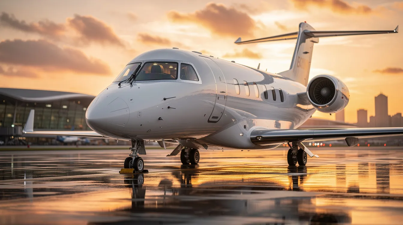 The image depicts a luxurious private jet, showcasing its sleek exterior and spacious cabin designed for comfort. With reclining seats and high-end amenities, this private jet travel option offers excellent service for passengers flying from busy airports like Indira Gandhi International Airport in New Delhi to popular tourist destinations around the world.