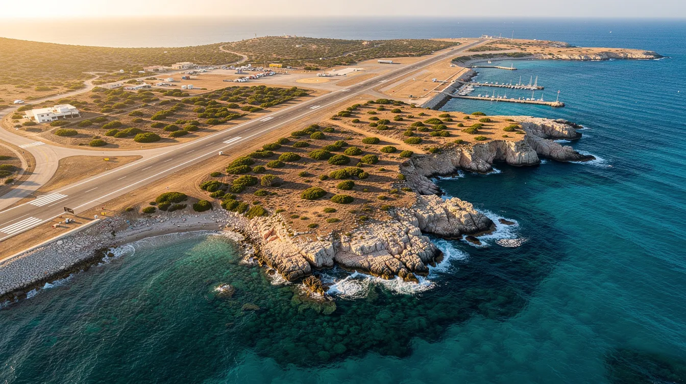 An aerial view captures a coastal Mediterranean runway, surrounded by vibrant blue water and rugged rocky terrain, highlighting the allure of private jet travel. This stunning landscape showcases the perfect destination for those seeking luxury private charter flights to escape to beautiful locations.