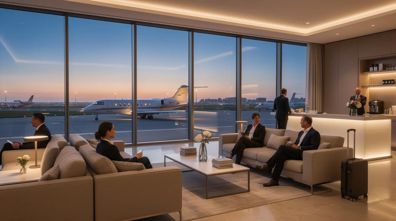 The image depicts a sleek, modern private aviation terminal lounge featuring expansive floor-to-ceiling windows that provide a stunning view of a runway at dusk. The tranquil atmosphere suggests a premium experience in private jet travel, perfect for clients planning their next charter flight.